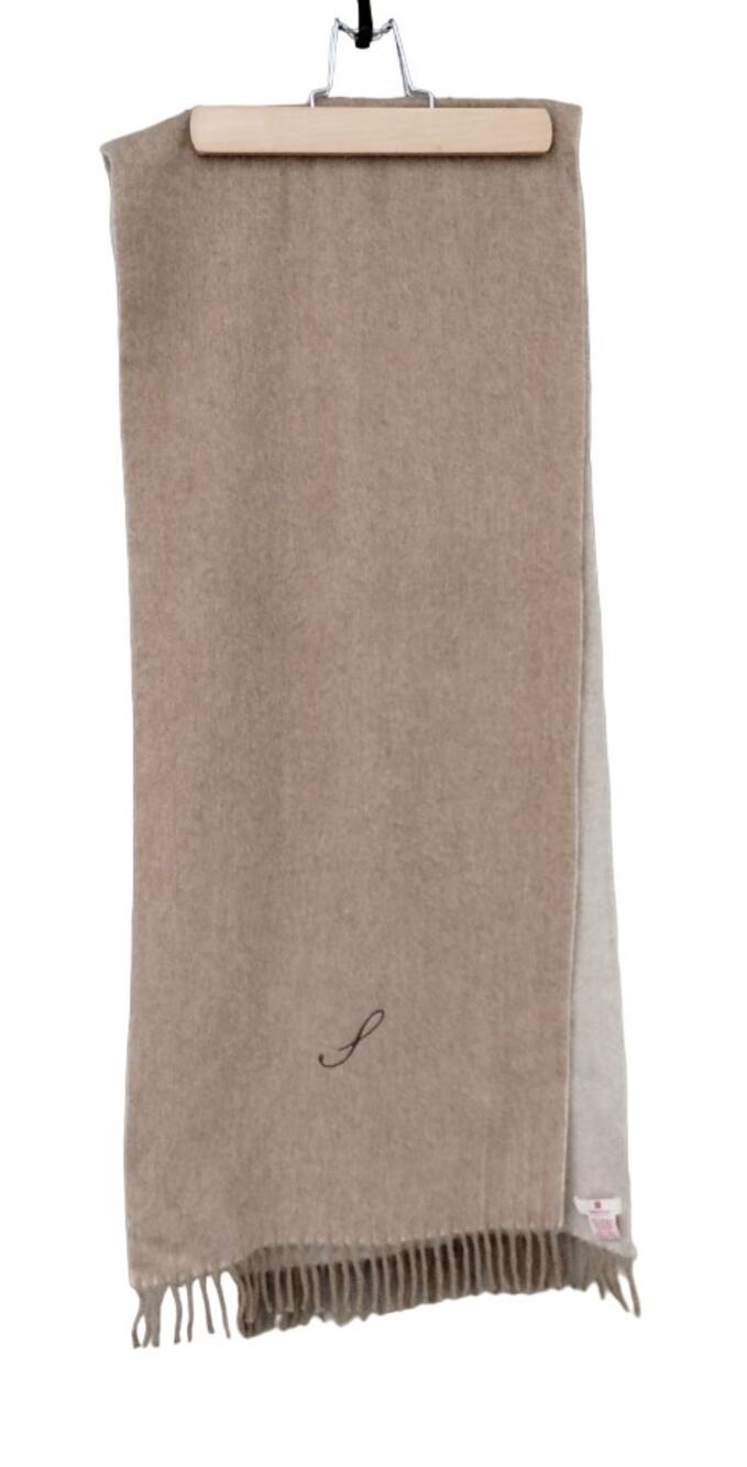 Red Envelope 100% Cashmere Fringe Scarf Tan/Beige Monogrammed "L"65"x12" +fringe